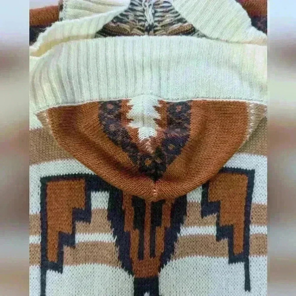 Kirra Fringe Aztec Hooded Sweater Open Front Toggle Size Small - Picture 10 of 11
